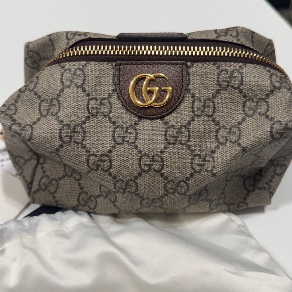 Cosmetic Bag Gucci Ophidia GG Supreme Brown Coated Canvas Large Gold NEW